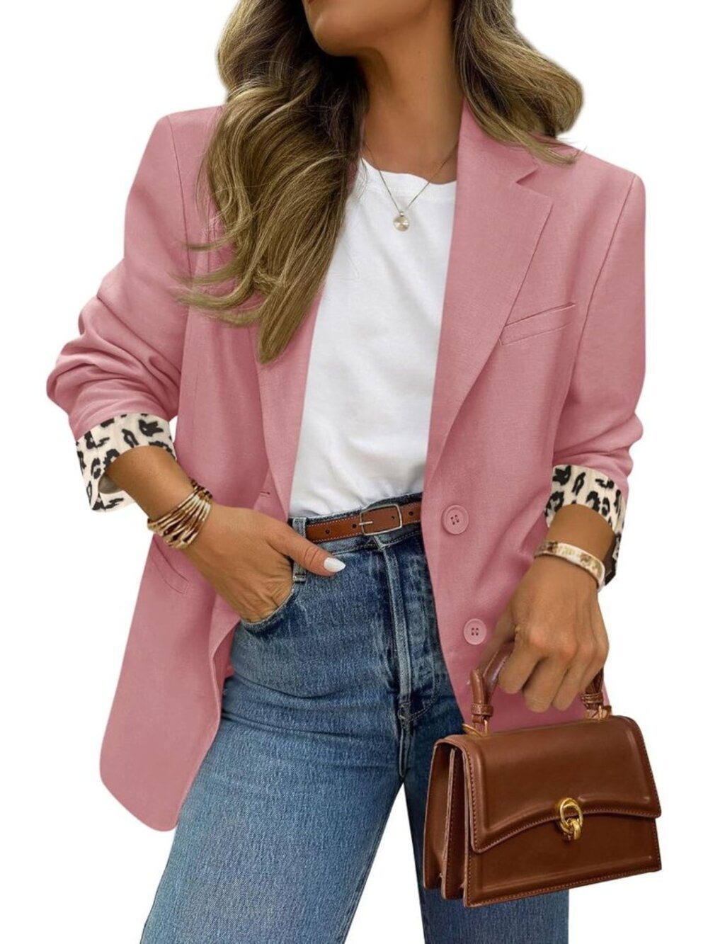 Women's Pink Spring Work Office Suit Jackets Dressy Open Front Leopard Blazer